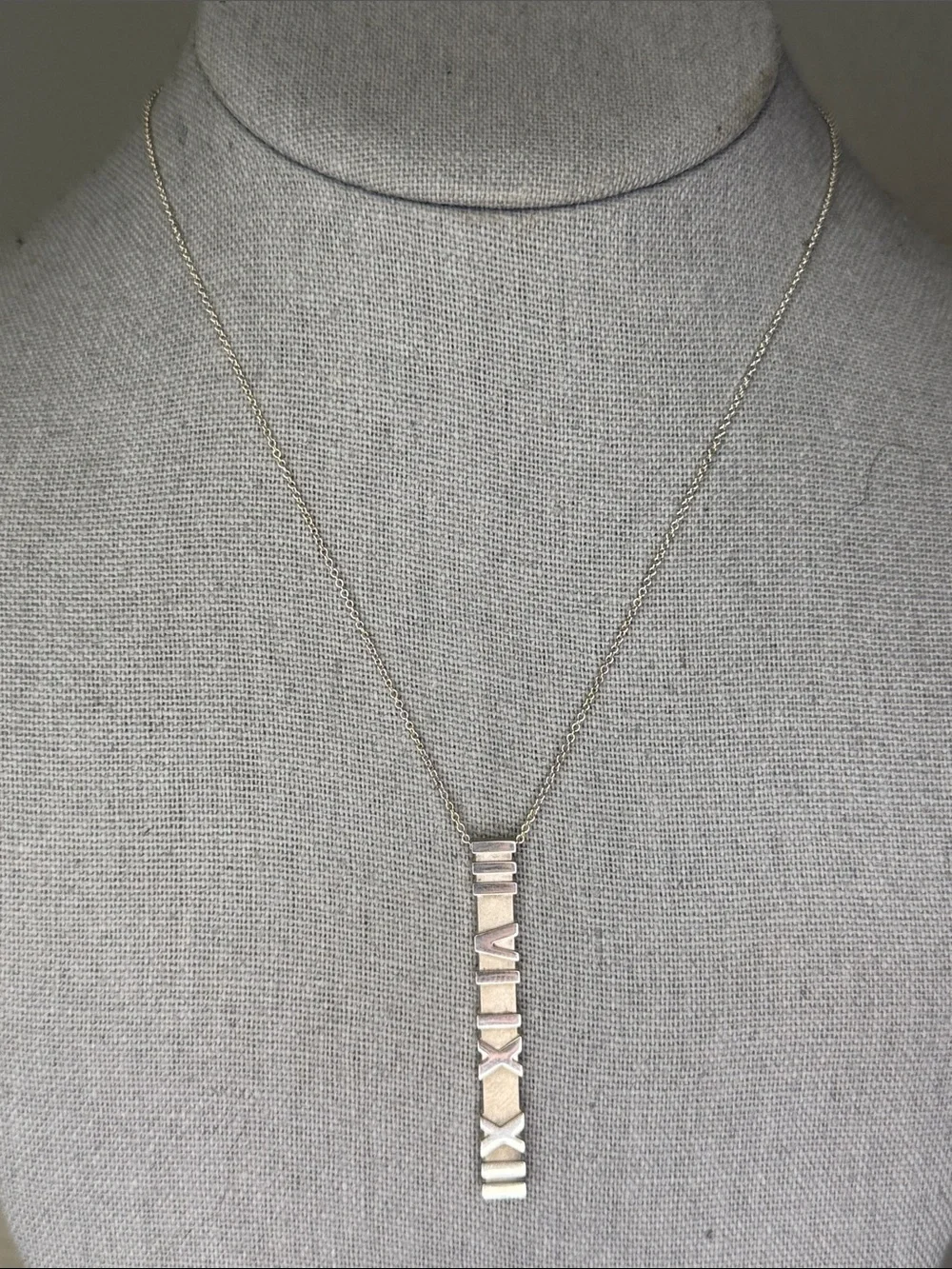 Tiffany & Co. Atlas Roman Numeral Bar Pendant Necklace Sterling Silver 925 16